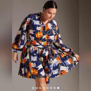 NWT Anthropologie Patchwork Puff  Maeve Mini Shirtdress Color Navy/Marin Sz L